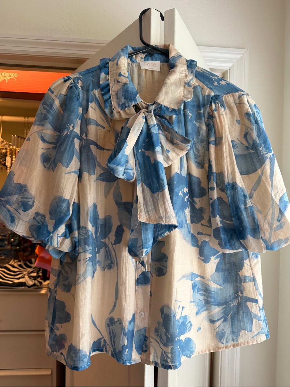 Fate Cream and Blue Floral Tie-Neck Puff Sleeve Dress